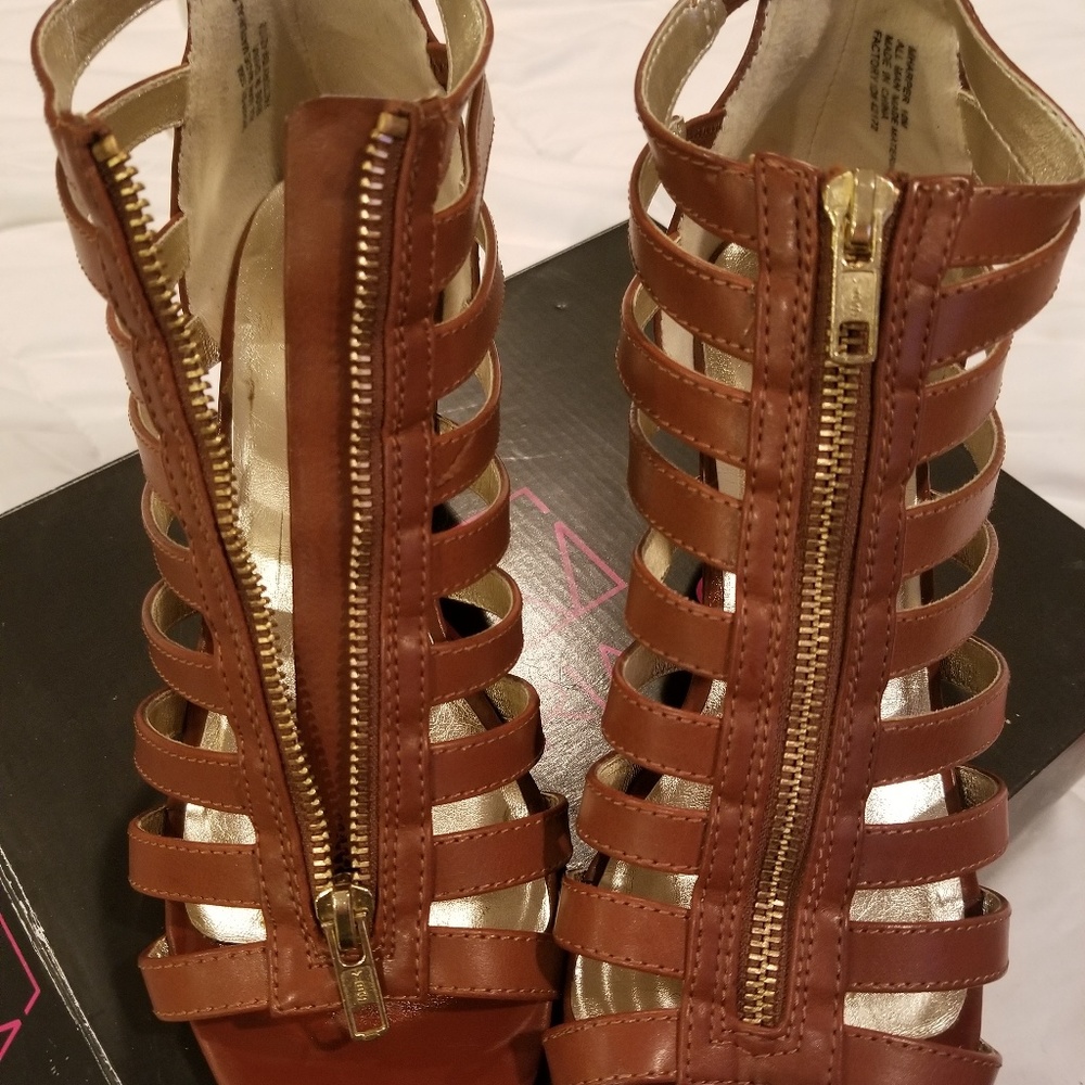 Cognac Material Girl Zip-up Wedges
